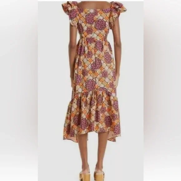 Autumn Adeigbo Chioma Floral Cutout Midi Dress Purple Orange Tiered Ruffle Dress - Picture 11 of 15